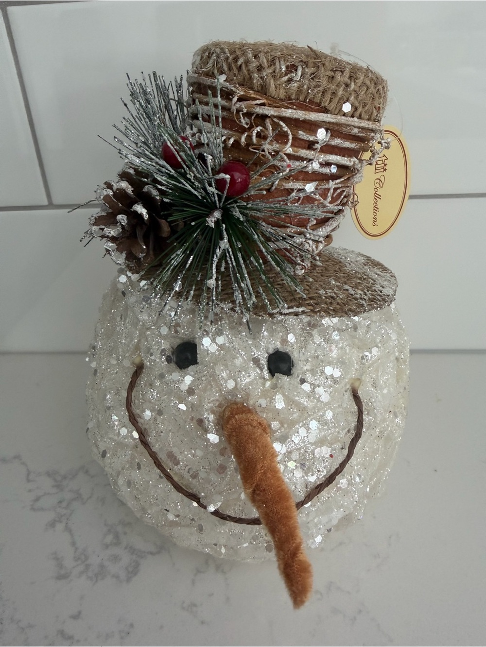 Holiday Snowman Decoration with Burlap Top - Neutral White super sparkly!